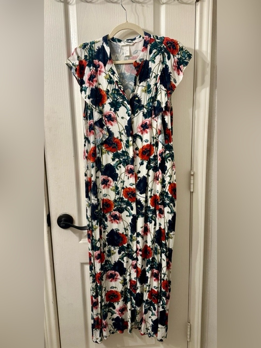 H&M White Maxi Dress with Red & Navy Floral Print